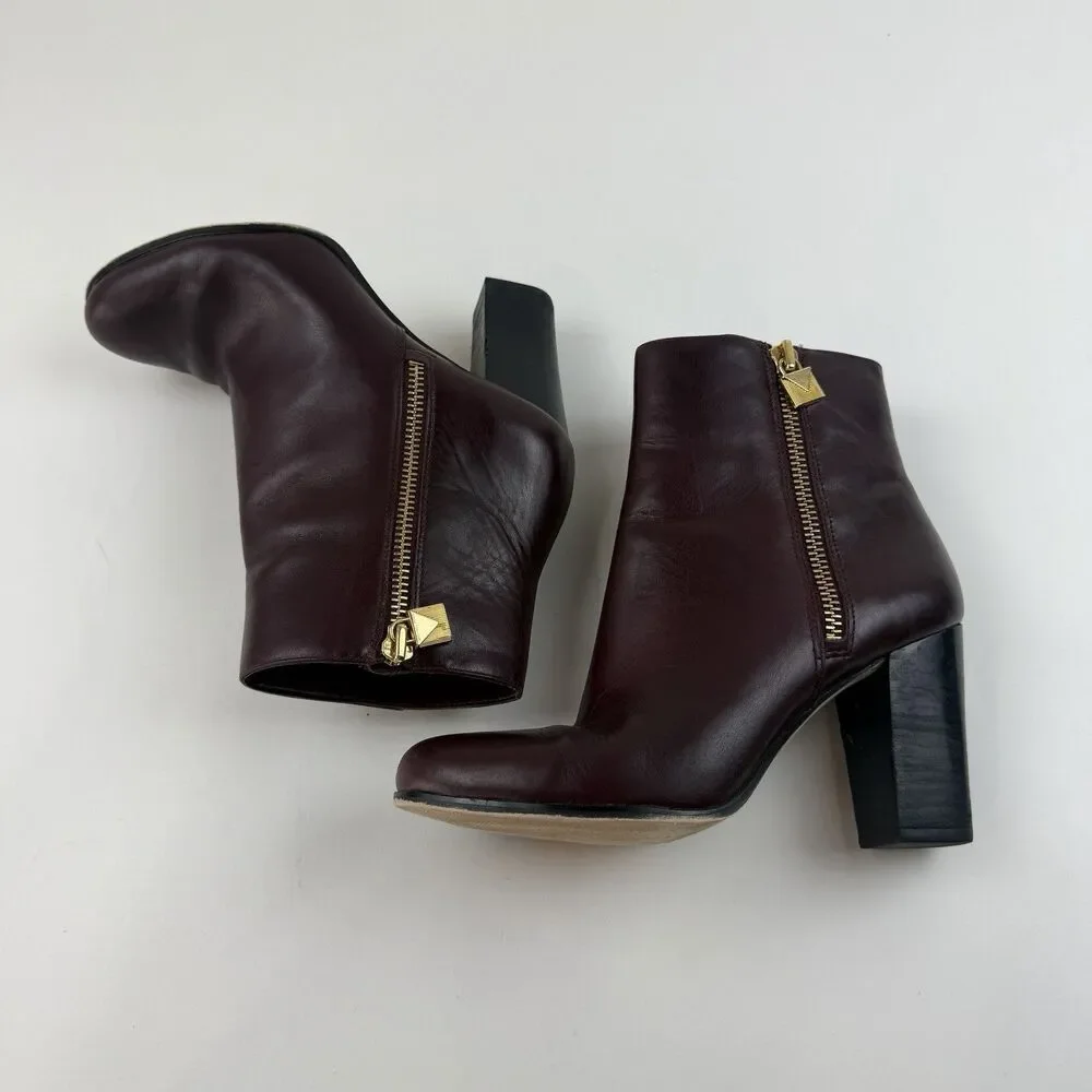 Michael Kors Womens Leather Ankle Boots Size 8M Burgundy Red Block Heel Booties